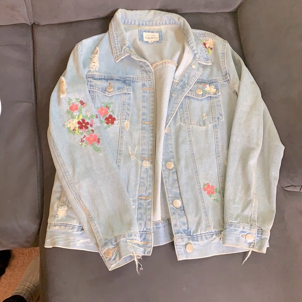 Distressed floral denim jacket
